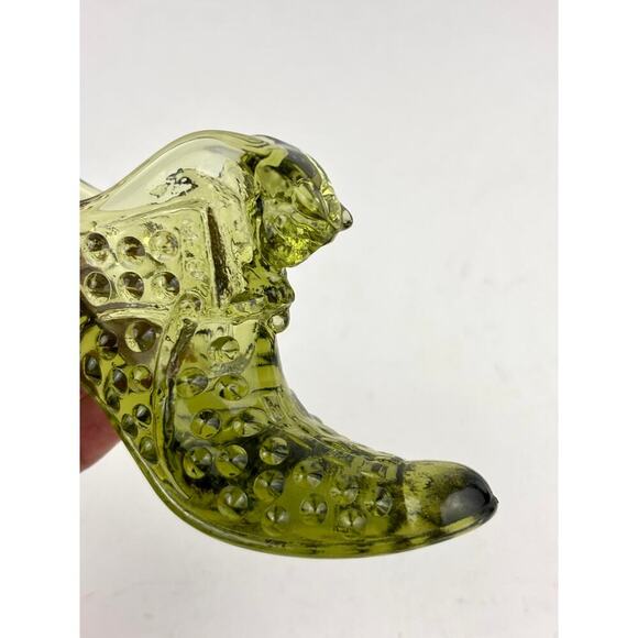 VTG Fenton Hobnail Cat Head Colonial Olive Green Glass Slipper Shoe - Picture 3 of 16